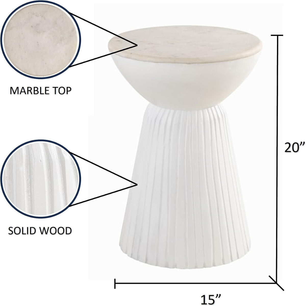 Albany Living Marble Top Solid Mango Wood Decorative Cylindrical Pedestal Side Table, Contemprary Accent Side/End Table,Fully Assembled, for the Living Room and Bedroom,White