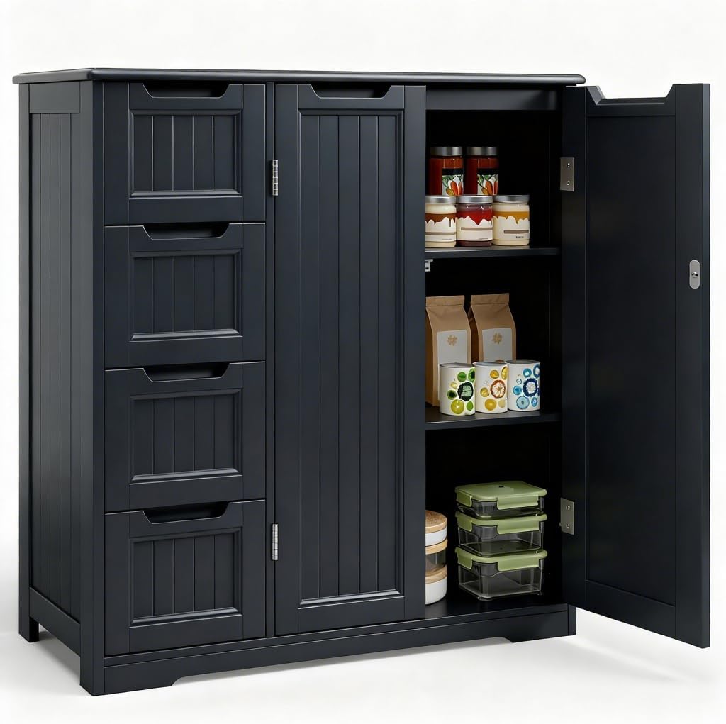 Gizoon Wooden Bathroom Floor Cabinet, Side Storage Organizer Cabinet with 4 Drawers & Double Doors, Freestanding Entryway Storage Unit Console Table, Bathroom Living Room Dining Kitchen, Black