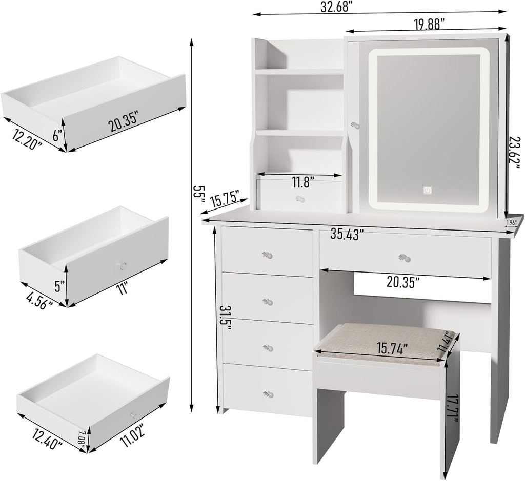Vanity Desk with Mirror and LED Lights, Makeup Vanity Set with Power Outlet, and Stool,Jewelry Storage,White Vanity Desk for Bedroom