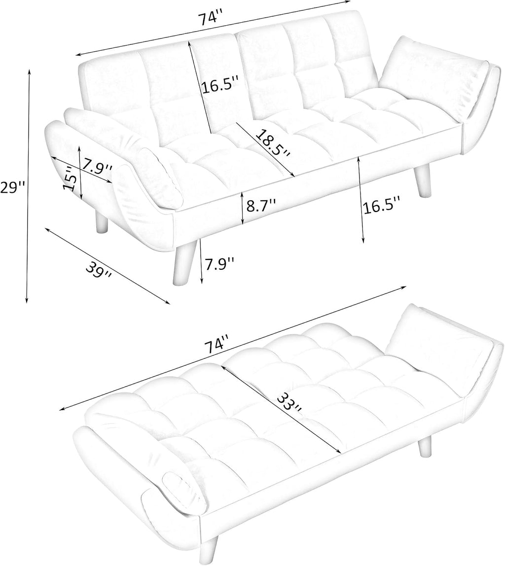 Convertible Folding Sofa Bed Futon,Modern Velvet Sleeper Bed Couches with 4 Adjustable Backrest Armrest,74"Comfy Recliner Sofa Loveseat with Chrome Legs for Living Room Apartment Small Home (Yellow)