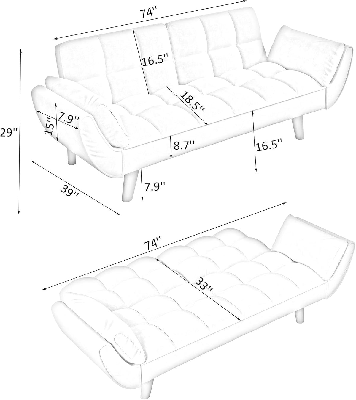Convertible Folding Sofa Bed Futon,Modern Velvet Sleeper Bed Couches with 4 Adjustable Backrest Armrest,74"Comfy Recliner Sofa Loveseat with Chrome Legs for Living Room Apartment Small Home (Yellow)