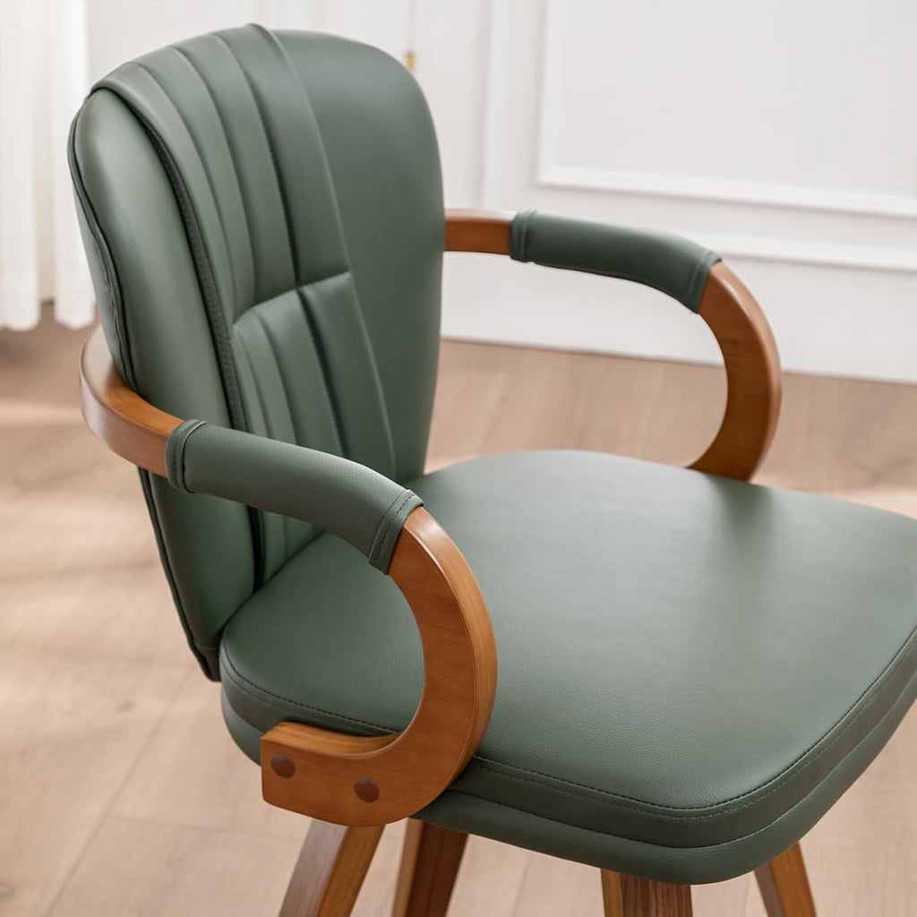 Swivel Dining Chairs Set of 4 Mid Century Modern Green Faux Leather Upholstered Kitchen Chairs with Bentwood Frame Armrests Side Chairs,Comfortable Ergonomic Wood Accent Chair No Wheels