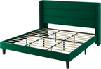 SHA CERLIN King Size Velvet Bed Frame with Wingback Headboard/Upholstered Platform Bed with Wooden Slats/Mattress Foundation/No Box Spring Needed/Easy Assembly/Green