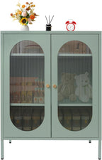 Accent Cabinet with Glass Doors – 3 Tier Storage, Modern Coffee Bar Station Pantry Cupboard Accent Cabinet for Kitchen Living Room Bedroom Bathroom, 31.5"x15.8"x40"(Green)