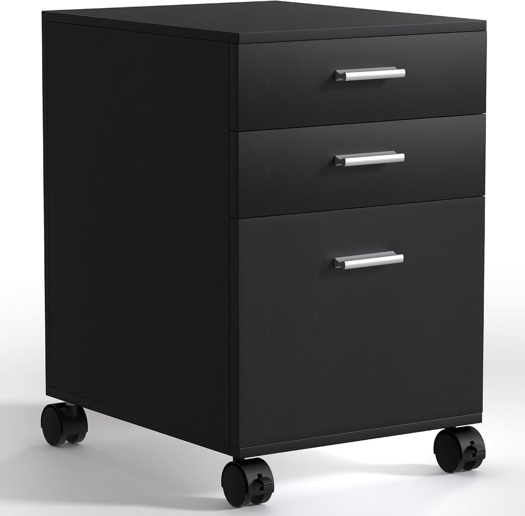 3 Drawer Storage Cabinet,Preassembled Black Wooden Organizer for Files,Under Desk Printer Stand,Mobile on Wheels,19" L x 16" W x 22" H
