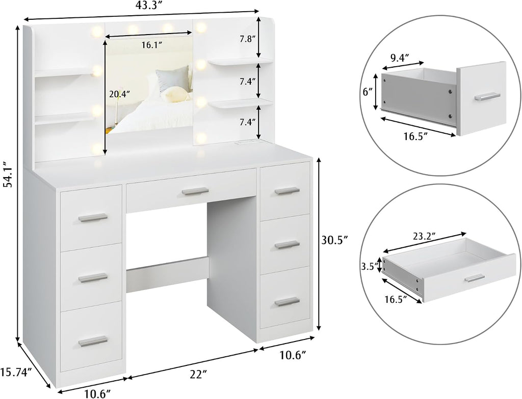 YESHOMY Vanity Desk with Mirror, Outlet, 10 Lights & 7 Drawers,White