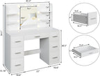 YESHOMY Vanity Desk with Mirror, Outlet, 10 Lights & 7 Drawers,White