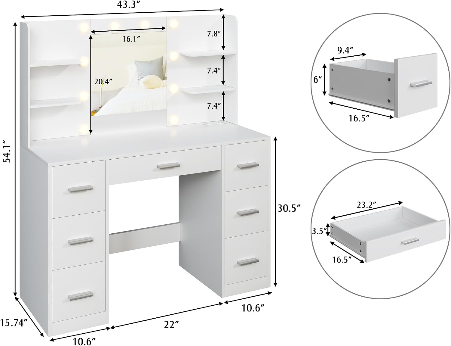YESHOMY Vanity Desk with Mirror, Outlet, 10 Lights & 7 Drawers,White
