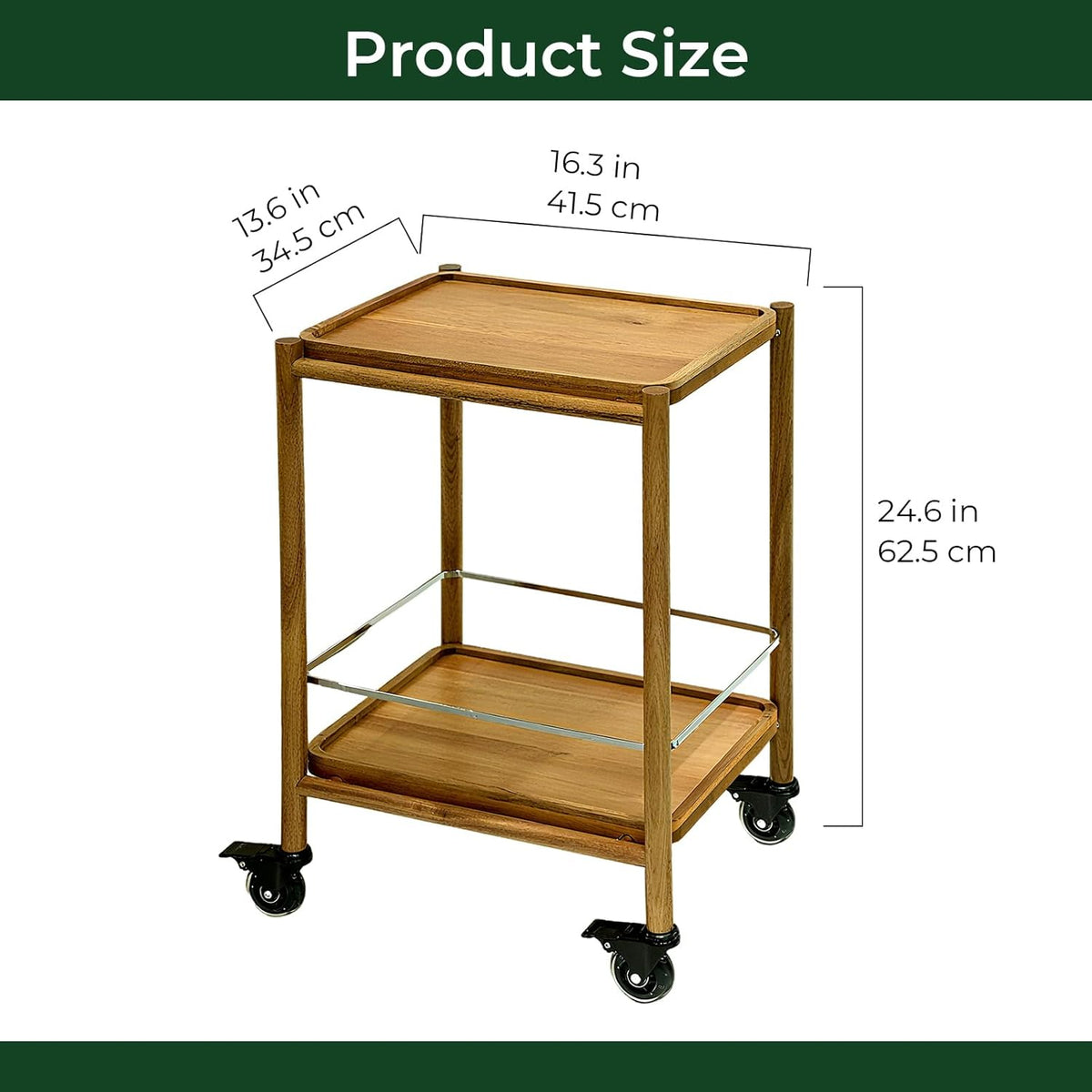 Acacia Wood Rolling Side Table, 2-Tier with Lockable Wheels & Removable Tray, Sturdy Durable for Bar Cart, Nightstand, End Table, Sofa Table