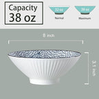 38 oz Japanese Ramen Bowl Set of 6 - Large 8 Inch Ceramic Soup Bowls, Blue and White Japanese Noodle Bowls for Pho, Ramen, and Salad - Leaf Patterns