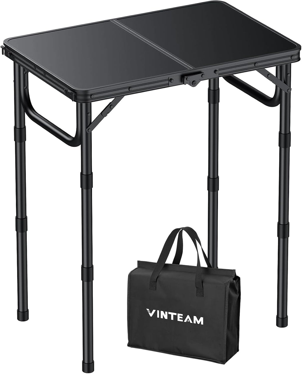 VINTEAM Camping Folding Table with Adjustable Height, Lightweight Portable Outdoor Picnic Table, BBQ Grill Side Table, Durable Aluminum Frame, MDF Desktop for Camping, Fishing, RV, Beach (Black) | Max Load 30kg MDF Surface Easy to Clean, Lightweight