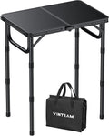 VINTEAM Camping Folding Table with Adjustable Height, Lightweight Portable Outdoor Picnic Table, BBQ Grill Side Table, Durable Aluminum Frame, MDF Desktop for Camping, Fishing, RV, Beach (Black) | Max Load 30kg MDF Surface Easy to Clean, Lightweight