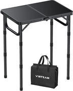 VINTEAM Camping Folding Table with Adjustable Height, Lightweight Portable Outdoor Picnic Table, BBQ Grill Side Table, Durable Aluminum Frame, MDF Desktop for Camping, Fishing, RV, Beach (Black) | Max Load 30kg MDF Surface Easy to Clean, Lightweight