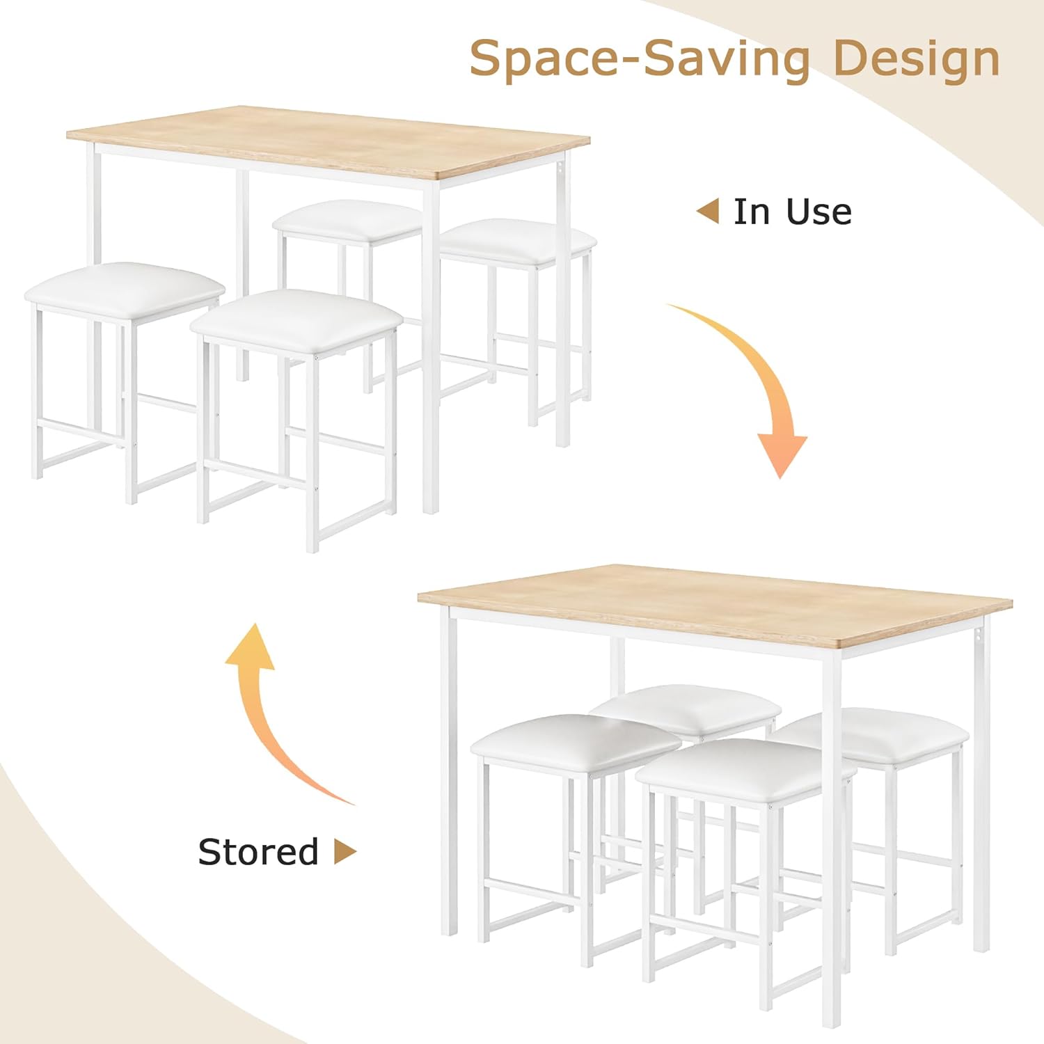 VECELO Dining Table and Faux Leather Chairs Set for 4, Oak | Kitchen table and chairs set for 4, Faux leather stools, Wood tabletop, Sturdy metal frame, Space-saving, Easy assembly