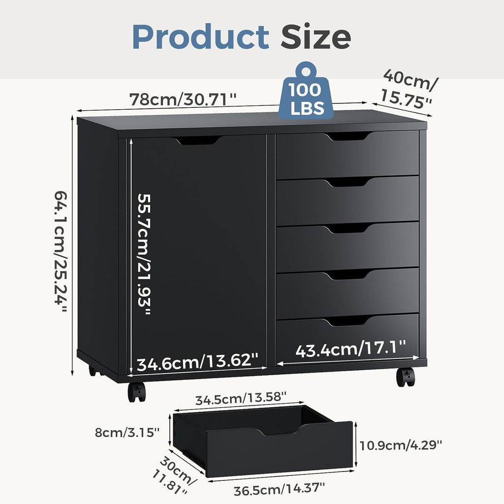 DUMOS 5-Drawer Mobile File Cabinet, Wooden Printer Stand with Storage | Under Desk Cabinets with Adjustable Shelf & Wheels for Home Office Organizer Storage Craft Room, Black