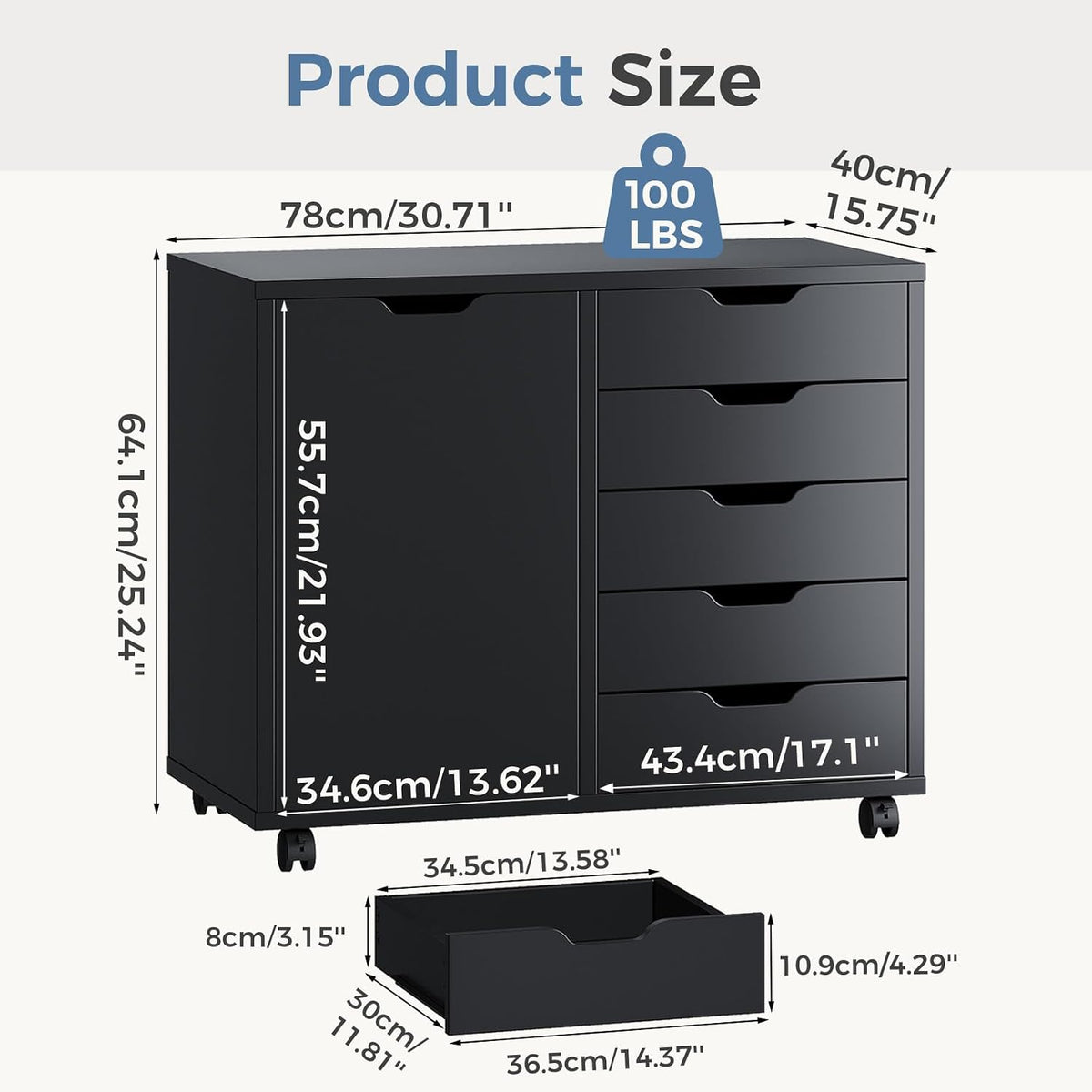 DUMOS 5-Drawer Mobile File Cabinet, Wooden Printer Stand with Storage | Under Desk Cabinets with Adjustable Shelf & Wheels for Home Office Organizer Storage Craft Room, Black