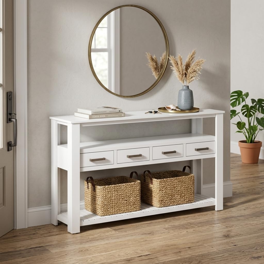 LUMISOL Console Table with 4 Drawers and 3-Tier Open Shelves, Wood Sofa Table Behind Couch with Metal Handles, Entryway Table for Living Room Foyer and Kitchen, White