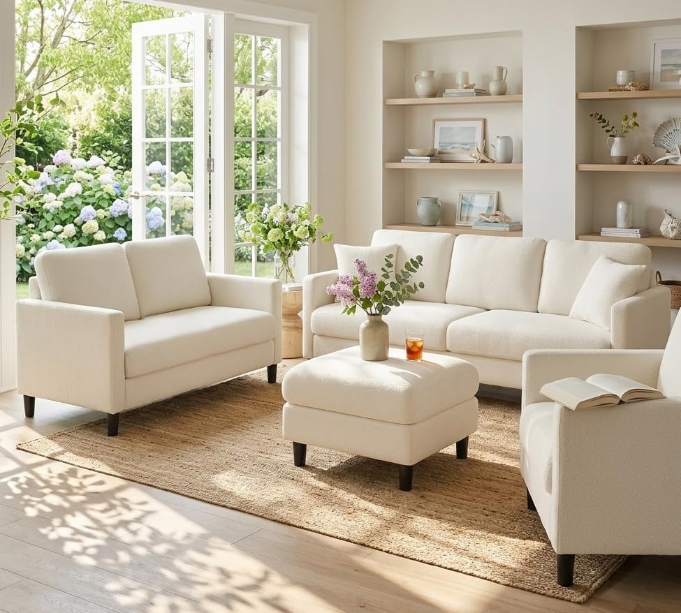 Welzona Couches for Living Room, 83"Teddy Sofa Couch, Sofas for Living Room | Tool-Free Setup Loveseat Sofa, All-Wood Love Seat Couches, 7.5"Spring Seat Cushion, Small Couch for Bedroom, 2 Pillows, Beige