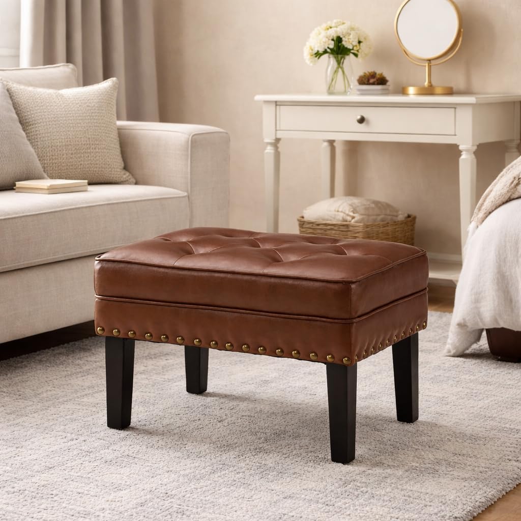 Glitzhome Faux Leather Foot Stool, Mid Century Modern Foot Stools Ottoman, Vintage Ottoman Tufted Square Vanity Seat, Coffee
