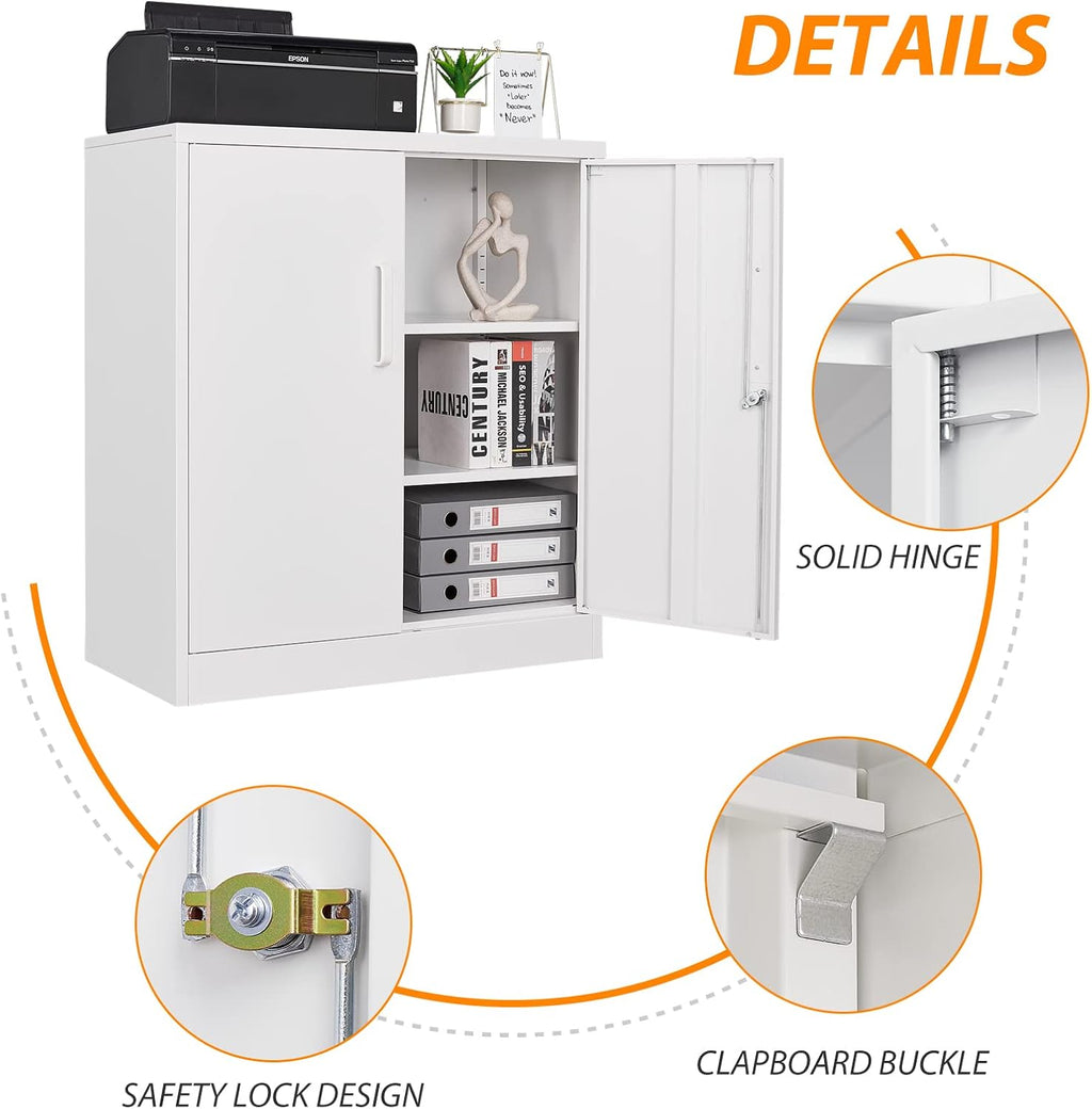 Metal Storage Cabinet, Lockable Steel Storage Cabinet with 2 Doors and Shelves, Metal Cabinet with Lock, Small Locking Cabinet for Home Office (White)