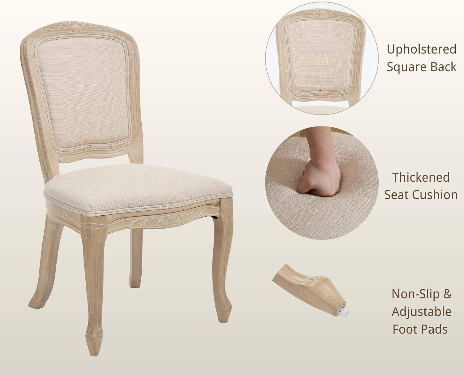 chairus French Country Dining Chairs Set of 6, Upholstered Linen Dining Room Chairs with Square Solid Back Natural Carved Leg Farmhouse Accent Side Chairs for Kitchen/Restaurant/Living Room, Cream