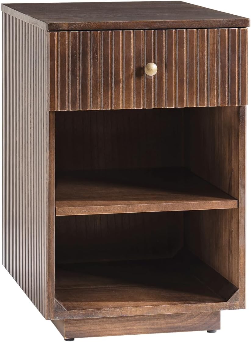 HULALA HOME Mid-Century Modern End Table with Drawer and Open Shelves, Solid Paulownia Wood Side Table, Brass Knob, No Assembly Required(Walnut)