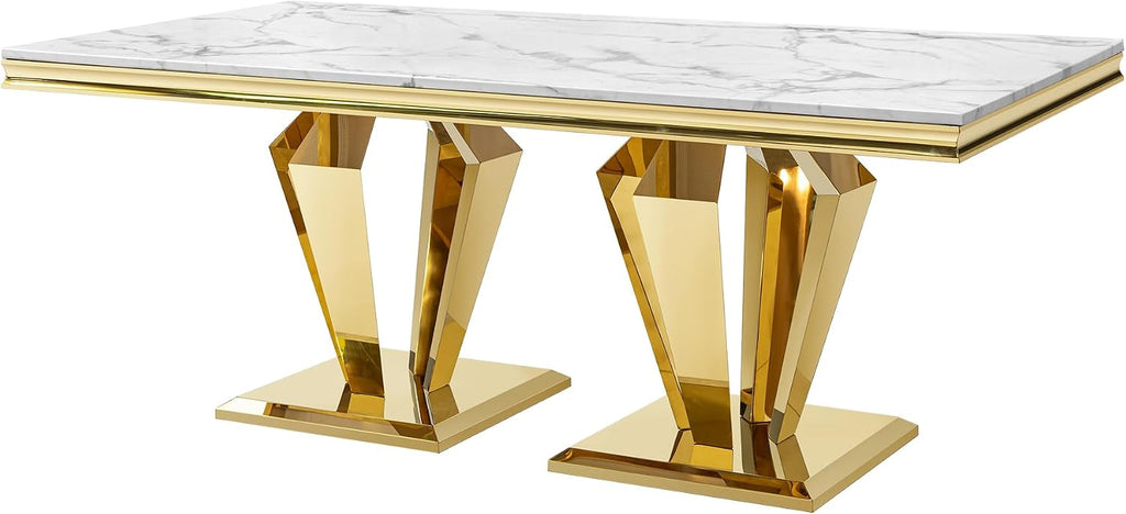 Modern Dining Table 66.9" Dining Room Table with Shiny Gold Stainless Steel Legs & Marble Grain Top for Kitchen,Dining Room,Rectangular