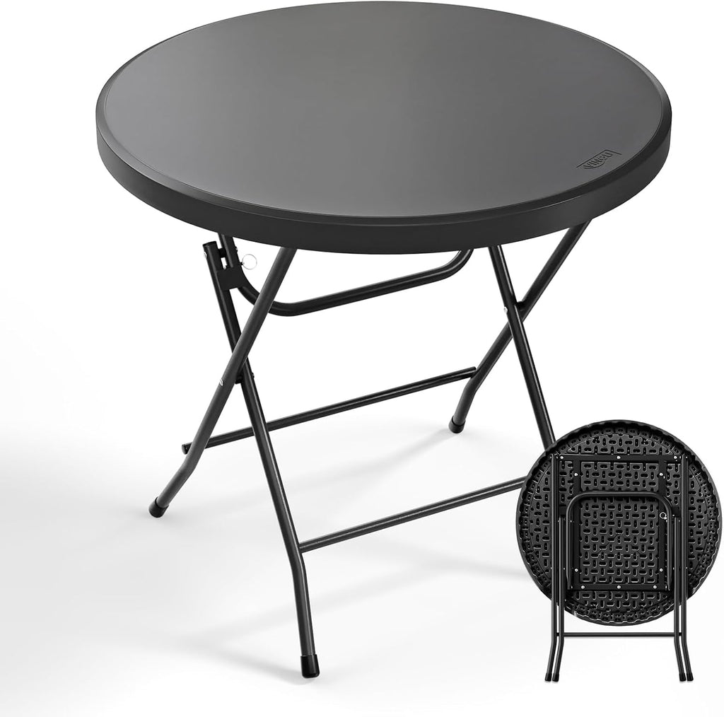 Bonnlo Round Folding Table 32 inch, HDPE Plastic Small Tabletop with Steel Frame Foldable Card Table for Indoor Outdoor Outside Dining, Party and Commercial Event, Black