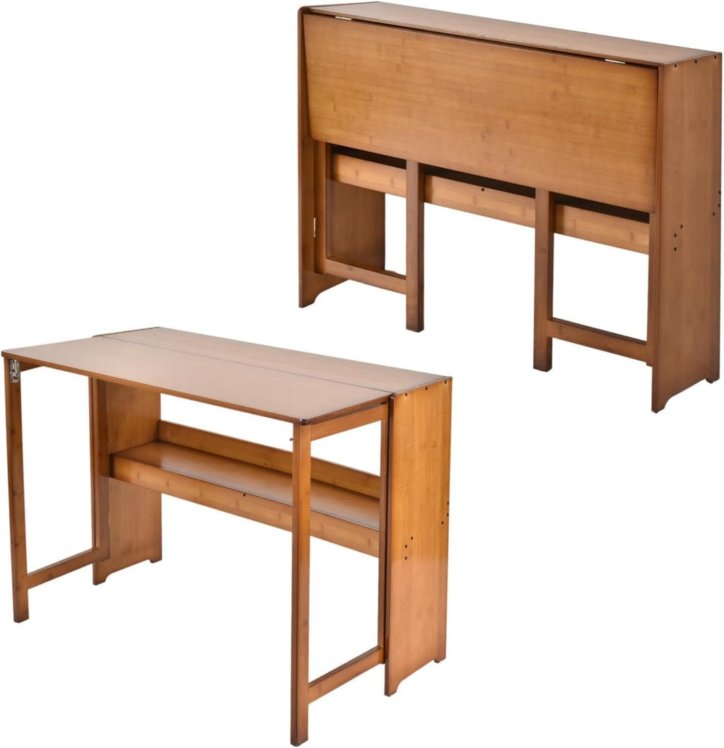 41'' Bamboo Folding Desk with Bookshelf, Space-Saving Foldable Computer Desk, Mid Century Modern Style Foldable Study Table for Home, Office, Bedroom, Small Spaces, Brown