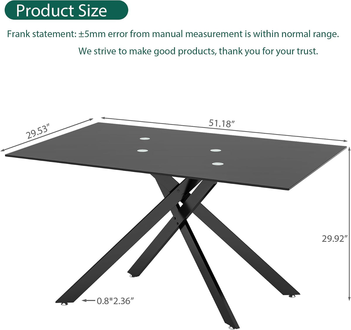 51.2" Glass Dining Table for 2-4 People, Modern Kitchen Table with Black Chromed Legs, Rectangular Dinner Table for Small Space, Apartment, Office, All Black