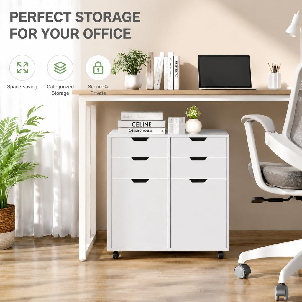 POWERSTONE Mobile File Cabinet with 4 Drawers & 2 Door, Rolling Under Desk Storage Chest with Lockable Wheels, Wood Printer Stand for Home Office Craft Room, White