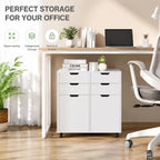 POWERSTONE Mobile File Cabinet with 4 Drawers & 2 Door, Rolling Under Desk Storage Chest with Lockable Wheels, Wood Printer Stand for Home Office Craft Room, White