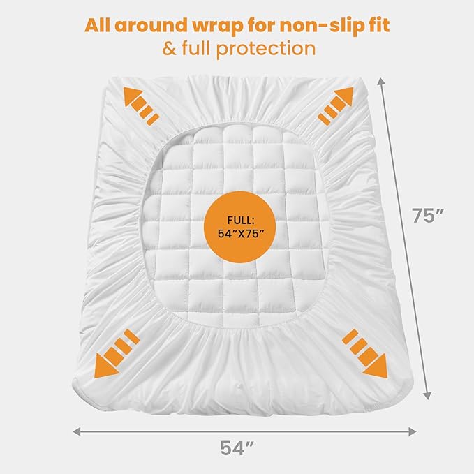 MATBEBY Full Size Mattress Pad - Cooling Breathable Mattress Topper, Quilted Fitted Mattress Protector, Pillow Top Mattress Cover with 8-21" Deep Pocket, Soft, Machine Washable, White, 54x75 Inches