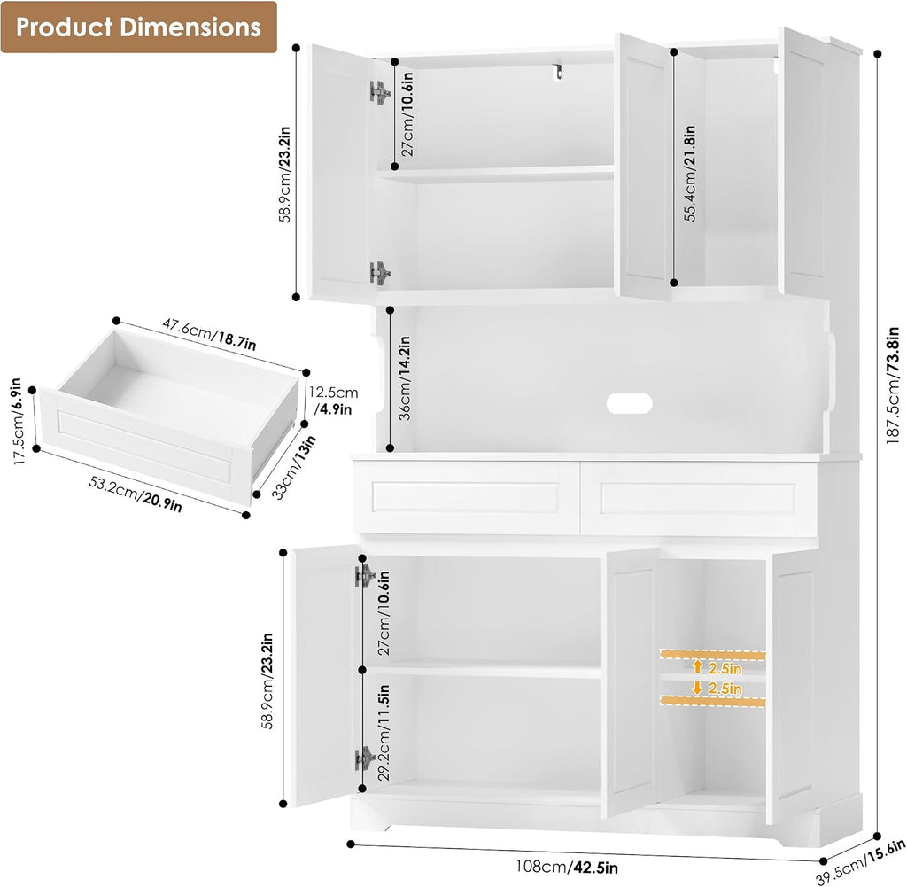 FACBOTALL 74" Pantry Cabinet, Tall Kitchen Pantry with 6 Doors & 2 Drawers | Kitchen Hutch with Wide Countertop, Modern Kitchens Cupboard with Adjustable Shelves and Charge Holes, White