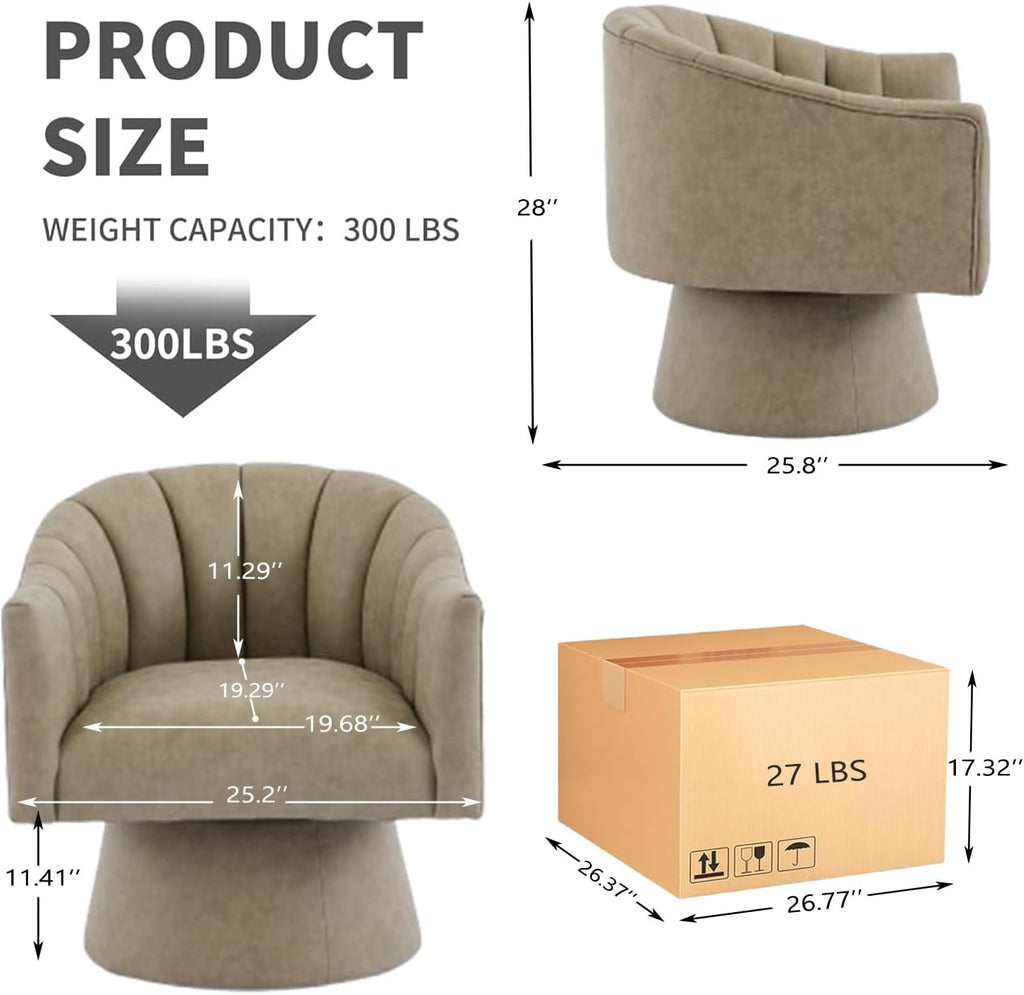 Swivel Accent Chair, Faux Leather 360° Swivel Barrel Chair Upholstered Modern Living Room Chair, Overstuffed Reading Armchair for Bedroom,Vanity,Office-Dark Apricot