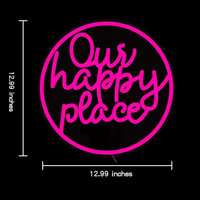 "Our happy place" Neon Sign Happy Place Neon Light for Wall Decor Letter Neon Signs Pink LED Neon Sign Round LED Neon Light for Bedroom Bar Party Birthday Club Decor