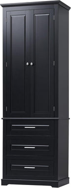 Merax 70" Pantry Cabinet with Two Doors & Three Drawer, Adjustable Shelves Storage Cupboard for Kitchen/Dining Room/Bathroom, Black