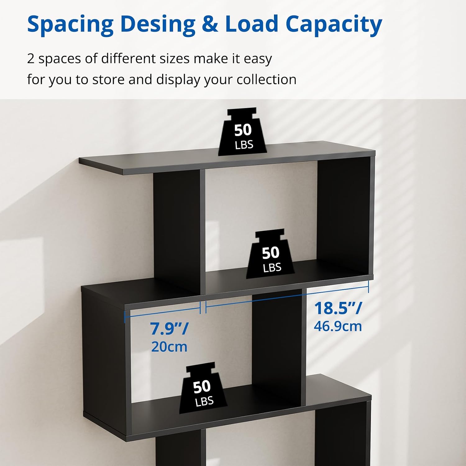 Cozy Castle Set of 2 Geometric Bookcase, S-Shaped Modern Bookshelf, Room Divider Bookshelf, 62" Tall Unique Abstract Bookcase with 5-Tier Display Shelf for Living Room Office, Black