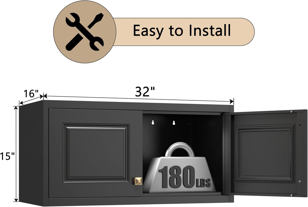 32" Wall Storage Cabinet with 2 Doors & Gold Handle | Black Metal, Hanging Design, for Bathroom, Kitchen, Rust-Resistant, Anti-Tip, Easy Assembly, Hardware Included