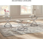 BOWERY HILL Modern 3-Piece Coffee Table Set, Glass Top with Chrome Metal Rings, Includes 1 Coffee Table and 2 End Tables, Adjustable Levelers, Tempered Glass, Contemporary Living Room Furniture