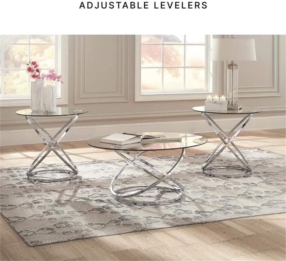 BOWERY HILL Modern 3-Piece Coffee Table Set, Glass Top with Chrome Metal Rings, Includes 1 Coffee Table and 2 End Tables, Adjustable Levelers, Tempered Glass, Contemporary Living Room Furniture