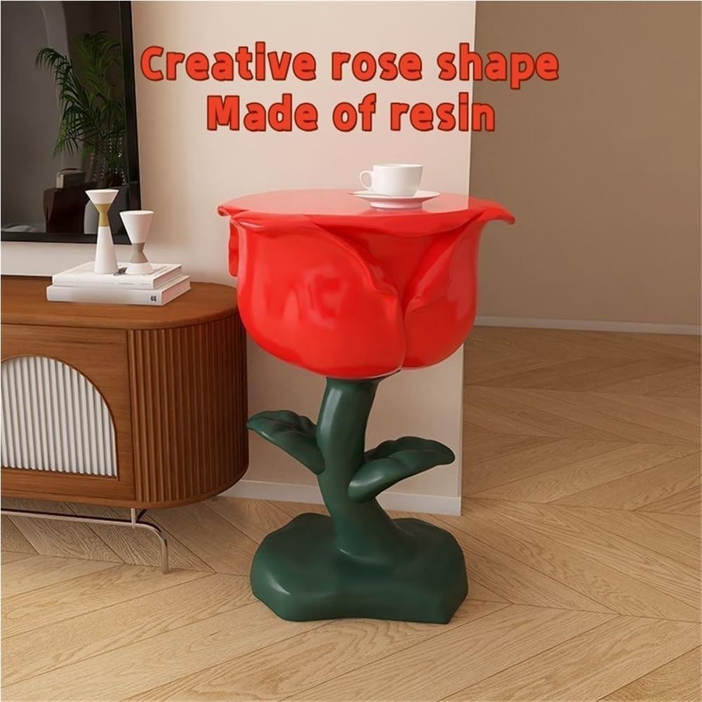Romantic Rose-Shaped Side Table, Resin Bedside Table with Round Corner, Multi-Functional End Table, Decorative Table for Living Room, Bedroom