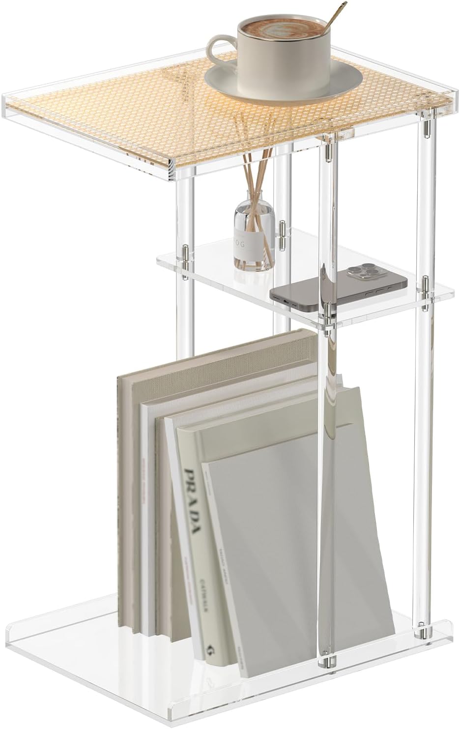 HMYHUM Acrylic C-Shaped End Table, 3-Tier Clear Side Table for Couch, Living Room, Bedroom, Small Spaces, 15.5''L x 11.6''W x 25''H, Woven Rattan Interlayer
