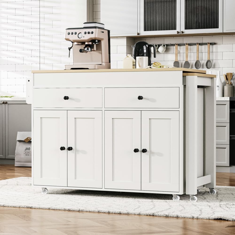 ZOEDO K&K 74.5 Inch Kitchen Island with Extendable Dining Table, Rolling Kitchen Island on Wheels with Spice Rack and 2 Drawers, 4 Door Cabinet, for Kitchen, Dining Room, White (One Package)