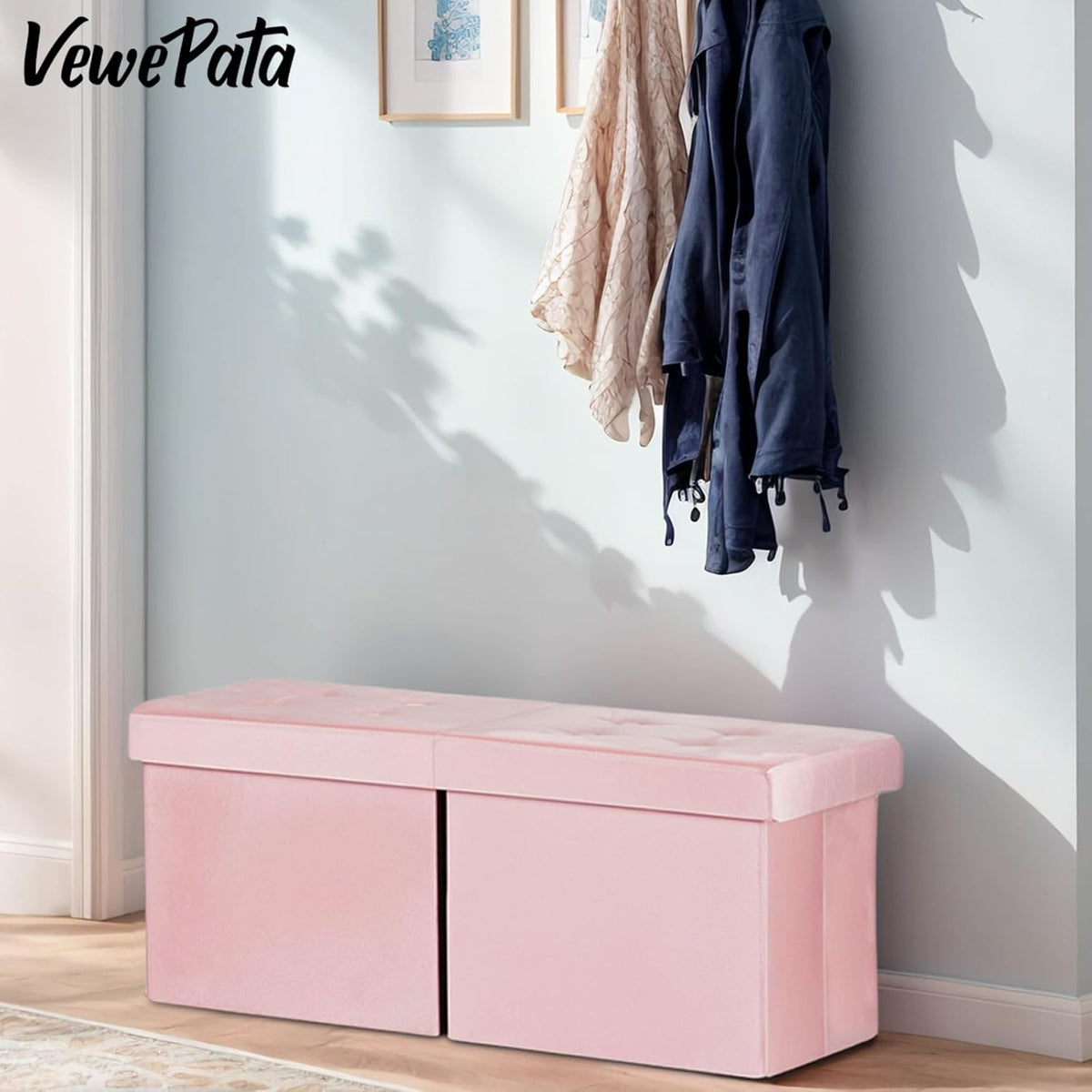 Storage Ottoman Bench, 34" Teddy Velvet Folding Foot Rest, Pink | Large Ottoman with Storage, Thicker Foam Padded Seat, 34 x 13 x 13in, Livingroom, Dorm, Bedroom, Easy to install, 86L