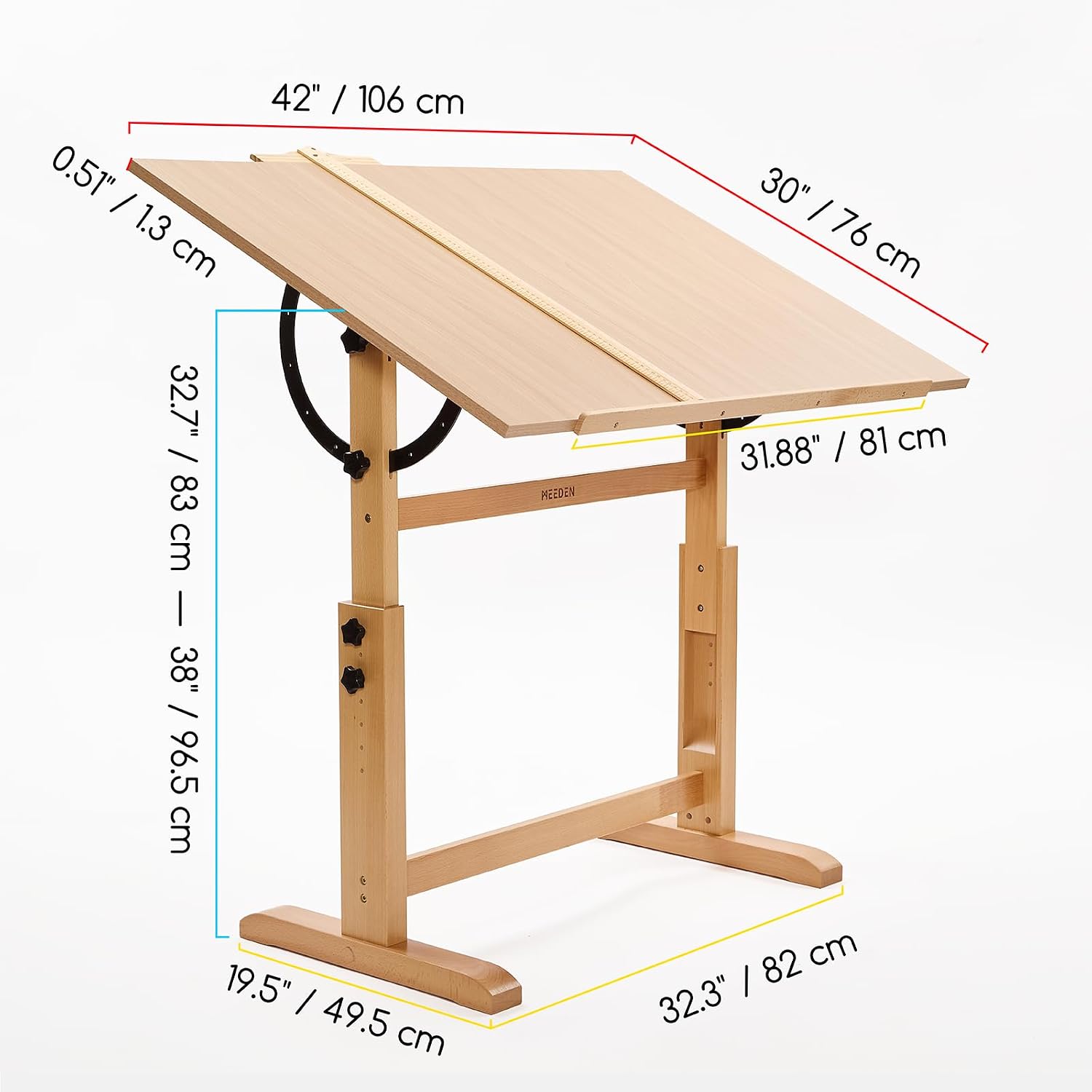 MEEDEN Extra-Large Wood Drafting Table: 42" x 30" Artist Drawing Table Desk - Painting Table with Adjustable Height & Angle - Art Table for Adults with Pencil Ledge for Sketching, Writing, Natural