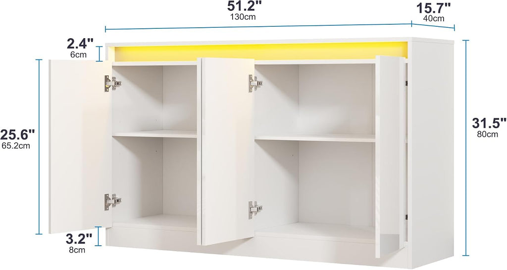 Furnify 51" W Buffet Cabinet with 4 Doors, High Gloss Dorr Sideboard Coffee Bar with LED Lights & Charging Station, Handless Modern Sideboard Storage Cabinet for Living Room, Entryway, White