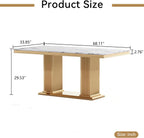 68 in Faux Marble Dining Table for 4-6, White Marble Dining Table with Gold Stainless Steel Base, Luxury Rectangular Dining Room Table for Kitchen, Living Room, Apartment, Family Meals, Dinner Parties