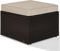 Pemberly Row Wicker Patio Ottoman, Brown Finish with Sand Cushions, Resin Wicker and Steel Frame, UV/Fade Resistant, 23" W x 23" D x 17.5" H, Outdoor Footrest for Deck, Patio, or Garden Use