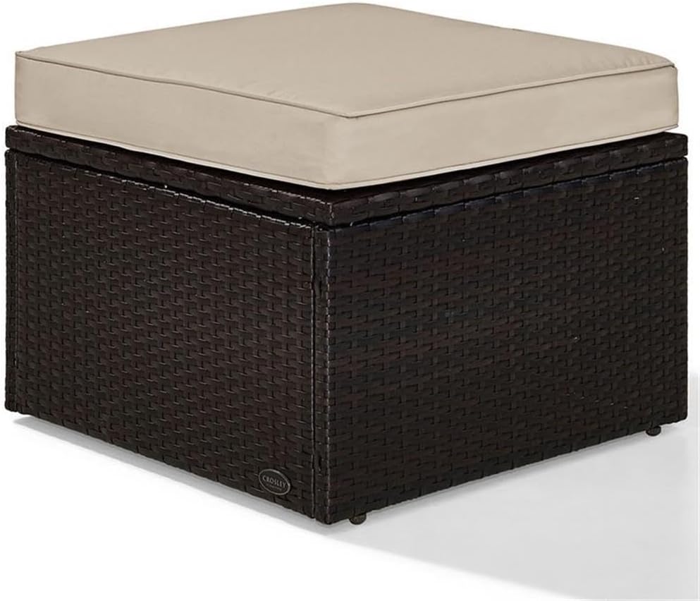 Pemberly Row Wicker Patio Ottoman, Brown Finish with Sand Cushions, Resin Wicker and Steel Frame, UV/Fade Resistant, 23" W x 23" D x 17.5" H, Outdoor Footrest for Deck, Patio, or Garden Use